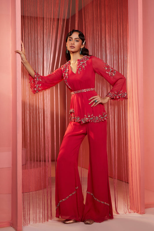 CORAL RED DOUBLE FLAP KURTA AND PANTS